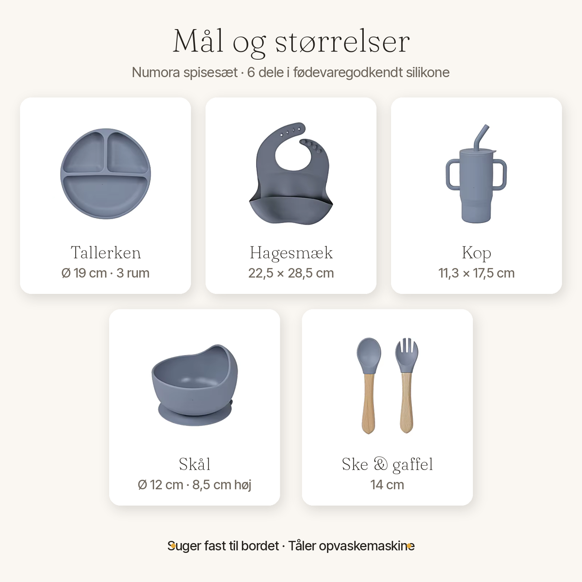 Mål på spisesæt til baby - tallerken Ø 19 cm, skål Ø 12 cm, hagesmæk, kop og bestik