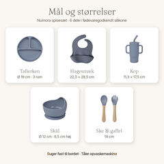 Mål på spisesæt til baby - tallerken Ø 19 cm, skål Ø 12 cm, hagesmæk, kop og bestik