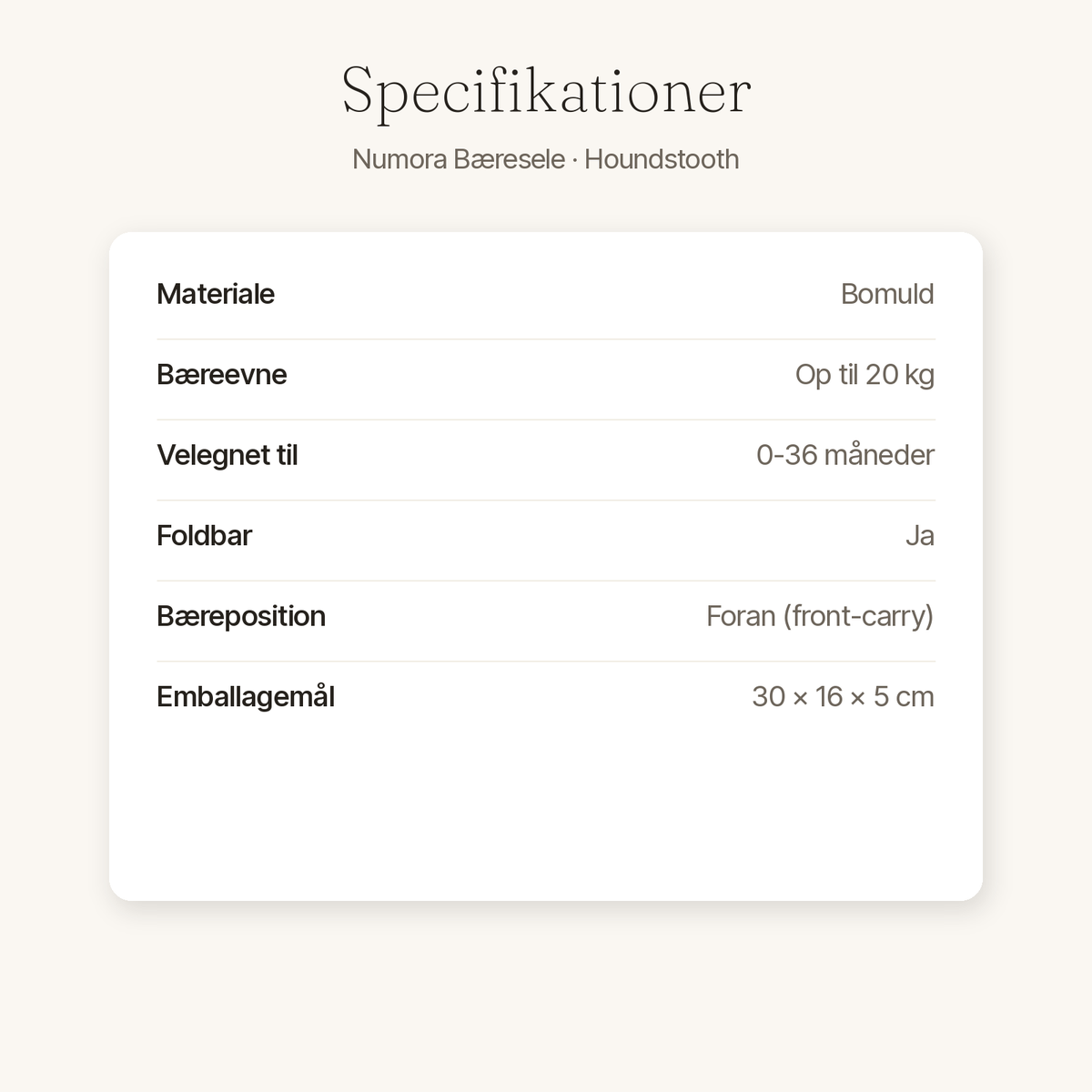Specifikationer for Numora bæresele - materiale, bæreevne, mål