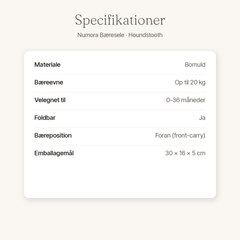 Specifikationer for Numora bæresele - materiale, bæreevne, mål