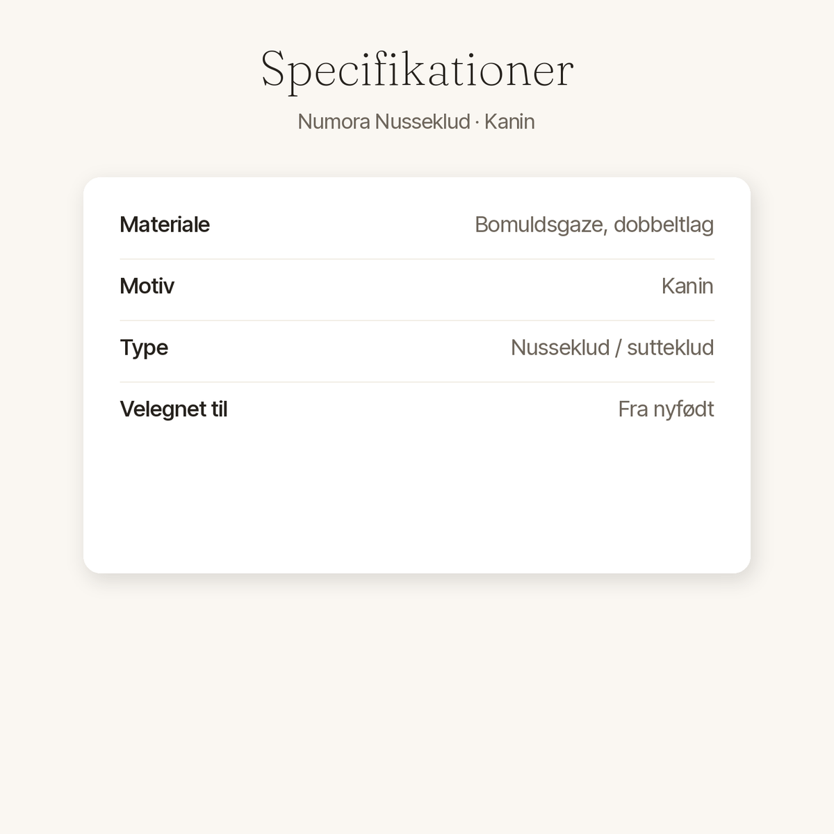Specifikationer for Numora nusseklud - materiale og motiv