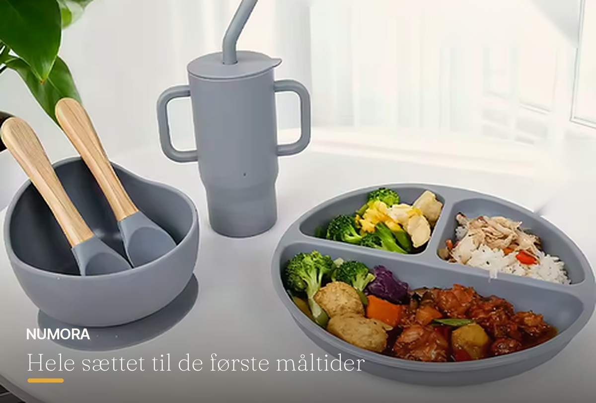 Silikone spisesæt til baby på spisebord - tallerken, skål, kop og bestik